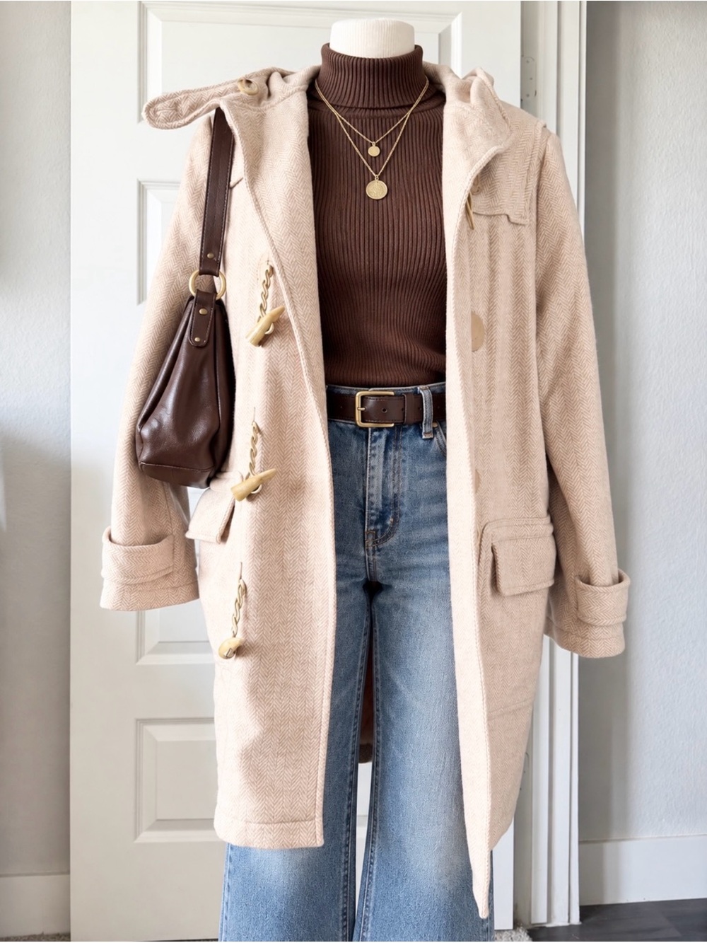 American Living 100% Wool Herringbone Duffle Tan Beige Coat